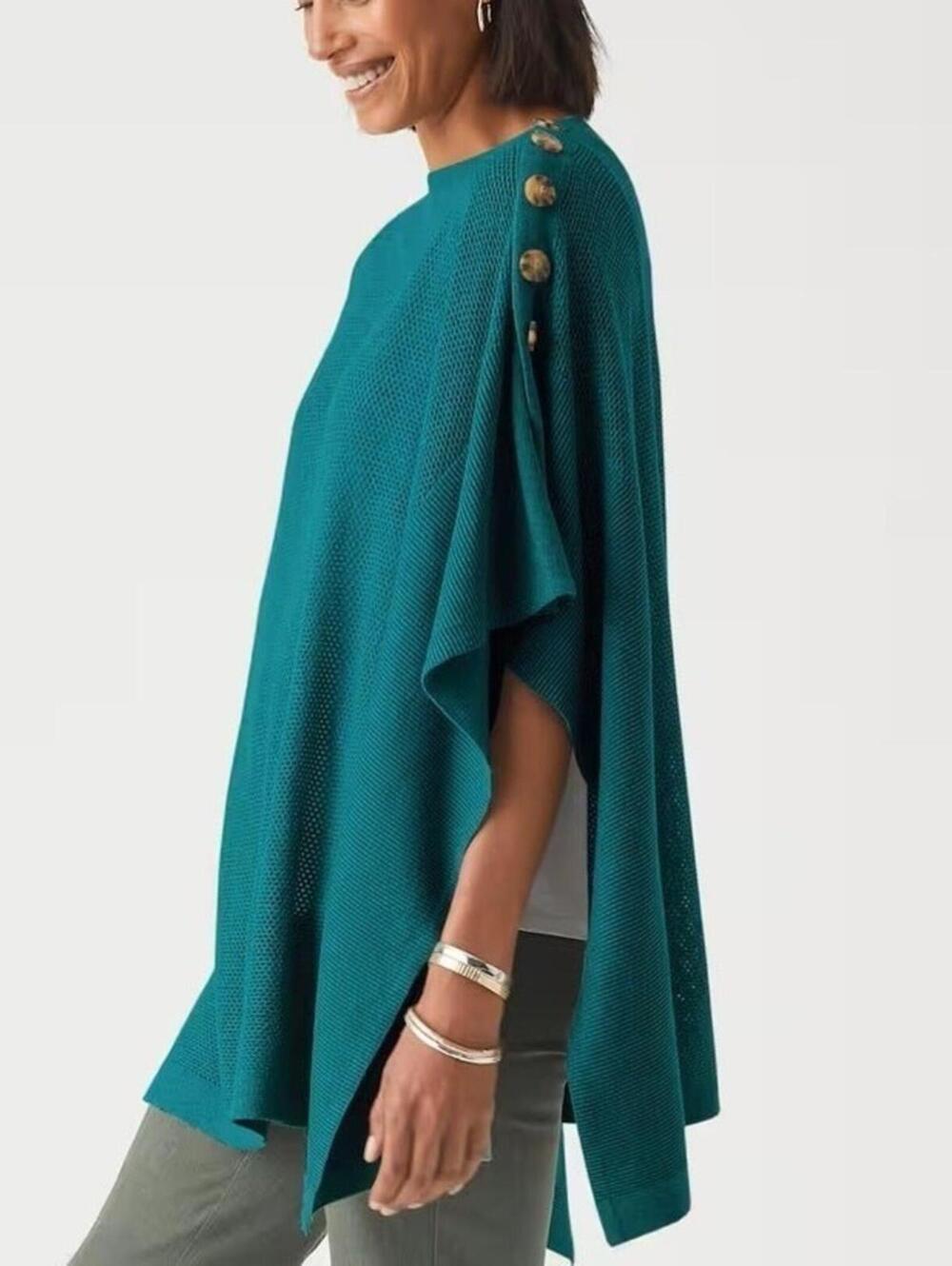 NEW J.Jill Small/Large Oceanside Teal Cotton Wool Blend Two Way Poncho Wrap
